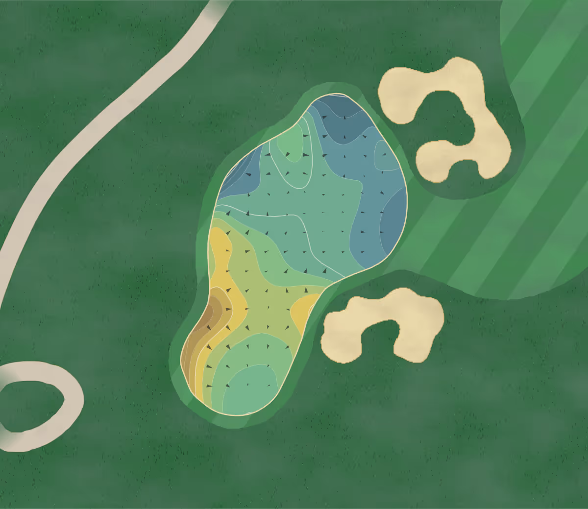 Green contour map of Cog Hill in Lemont, Illinois — 1153 elevation contours at a 3-inch interval with fall-line arrows, traced from 1-meter lidar