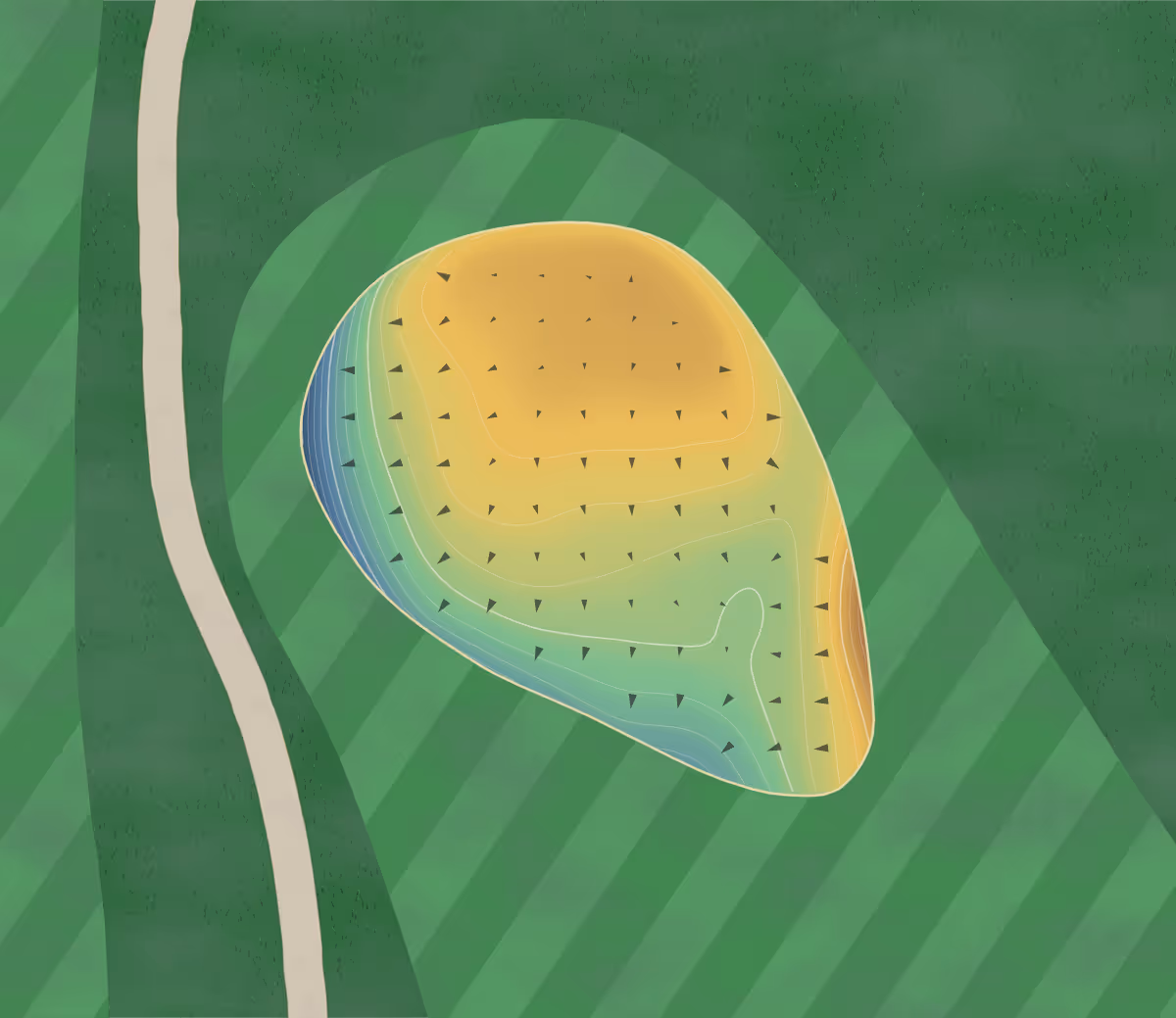 Green contour map of Colfax Cc in Colfax, Iowa — 130 elevation contours at a 3-inch interval with fall-line arrows, traced from 1-meter lidar