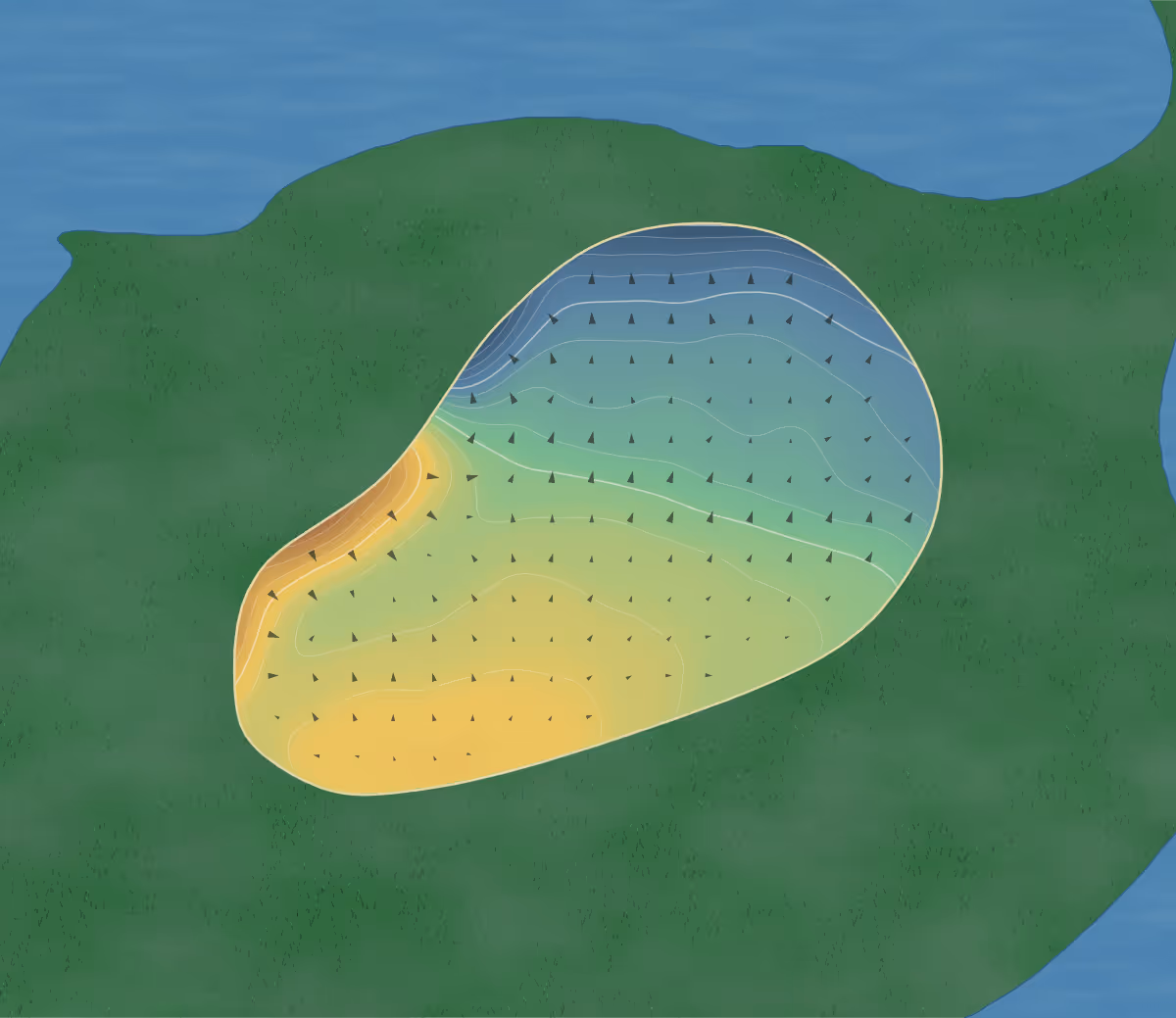 Green contour map of Collicutt Siding in Crossfield, Canada — 173 elevation contours at a 8-centimeter interval with fall-line arrows, traced from 1-meter lidar