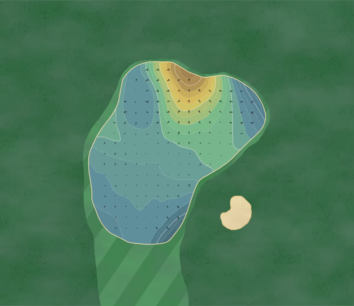 Green contour map of Collingtree Park in Northampton, England — 215 elevation contours at a 8-centimeter interval with fall-line arrows, traced from 1-meter lidar