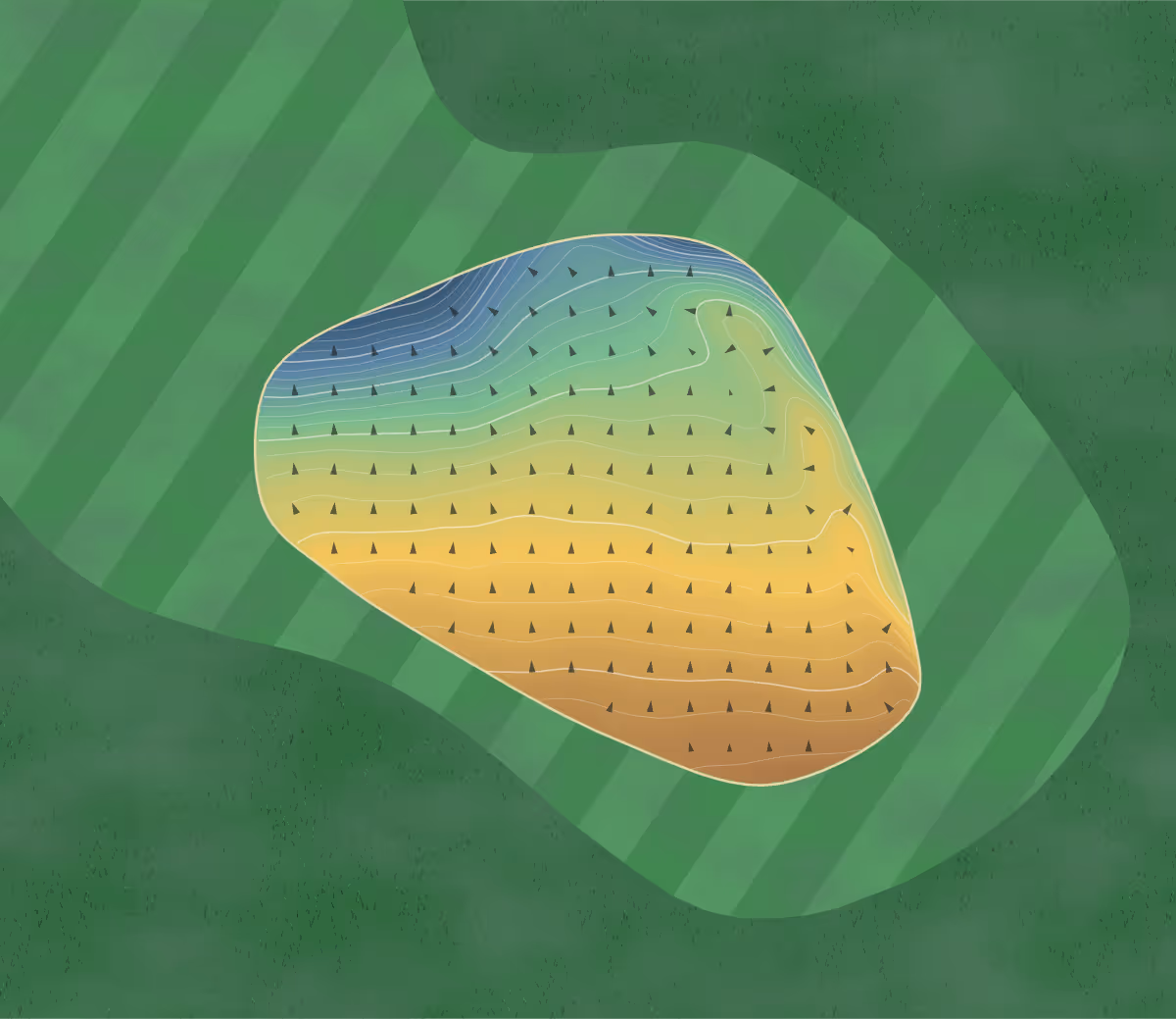Green contour map of Colne Golf Club in Colne, England: 100 elevation contours at a 8-centimeter interval with fall-line arrows, traced from 1-meter lidar