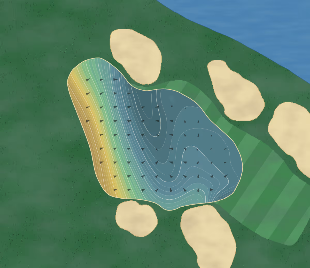 Green contour map of Colonial Cc in Fort Worth, Texas — 426 elevation contours at a 3-inch interval with fall-line arrows, traced from 1-meter lidar