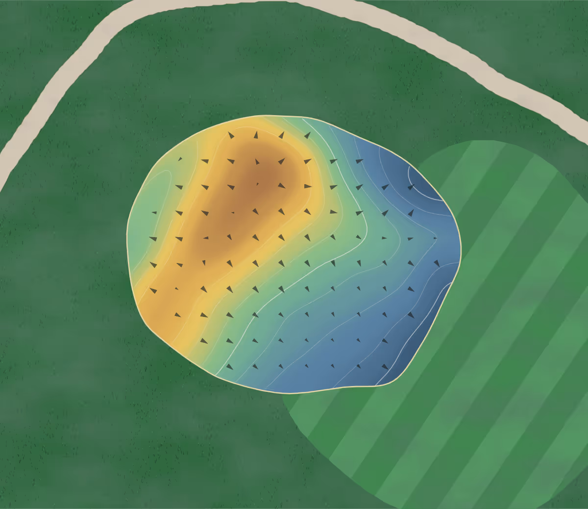 Green contour map of Colonial Golf Course in Sandoval, Illinois — 133 elevation contours at a 3-inch interval with fall-line arrows, traced from 1-meter lidar