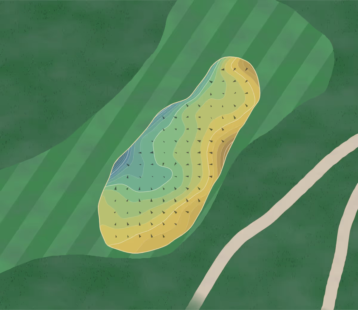 Green contour map of Colonial Springs in East Farmingdale, New York — 174 elevation contours at a 3-inch interval with fall-line arrows, traced from 1-meter lidar