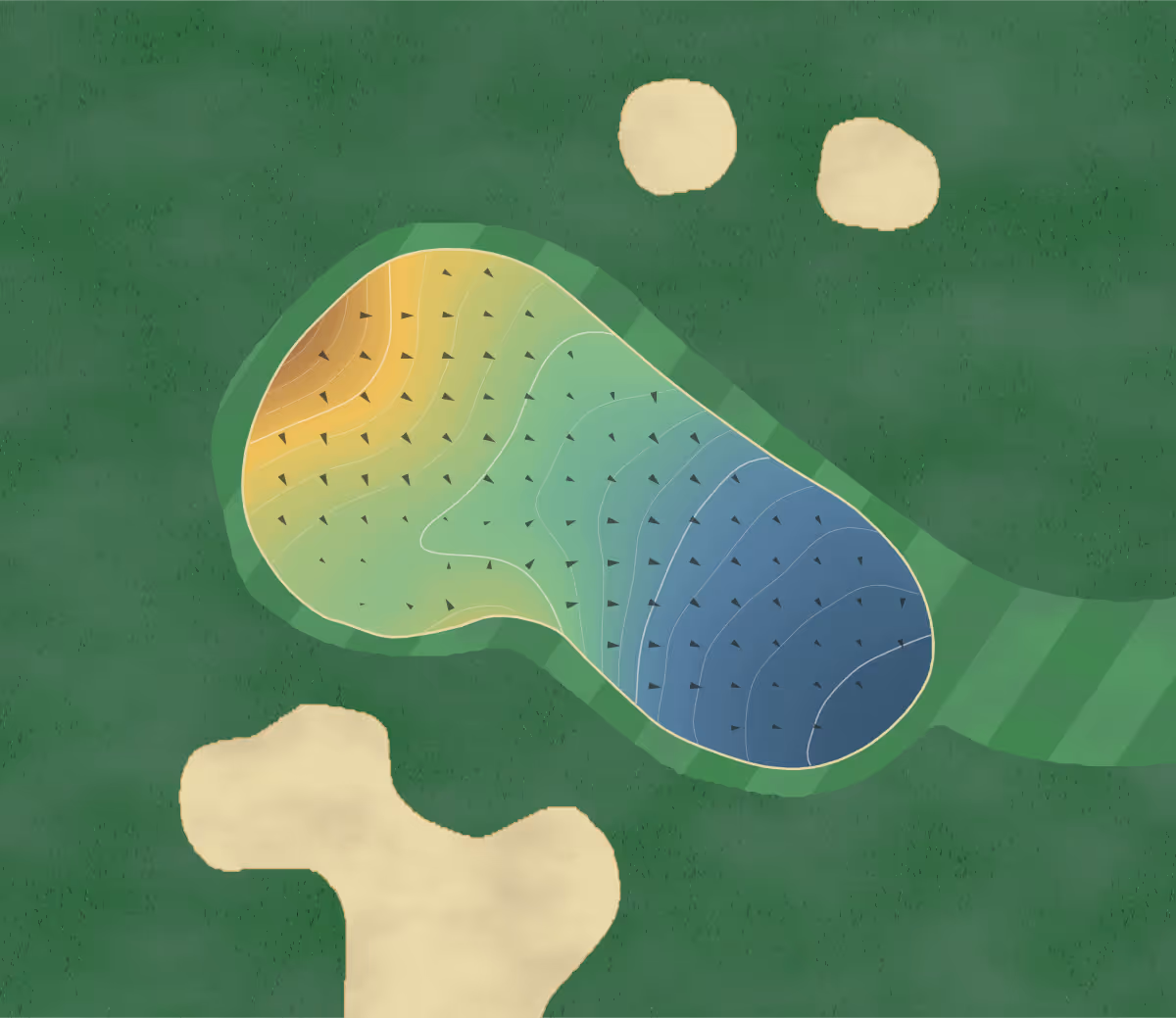 Green contour map of Coloniale in Beaumont, Canada — 170 elevation contours at a 8-centimeter interval with fall-line arrows, traced from 1-meter lidar