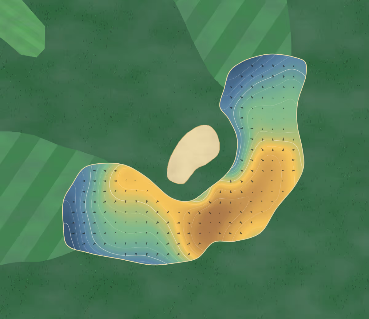 Green contour map of Colonnade Golf and Country Club in Joyceville, Canada — 168 elevation contours at a 8-centimeter interval with fall-line arrows, traced from 1-meter lidar