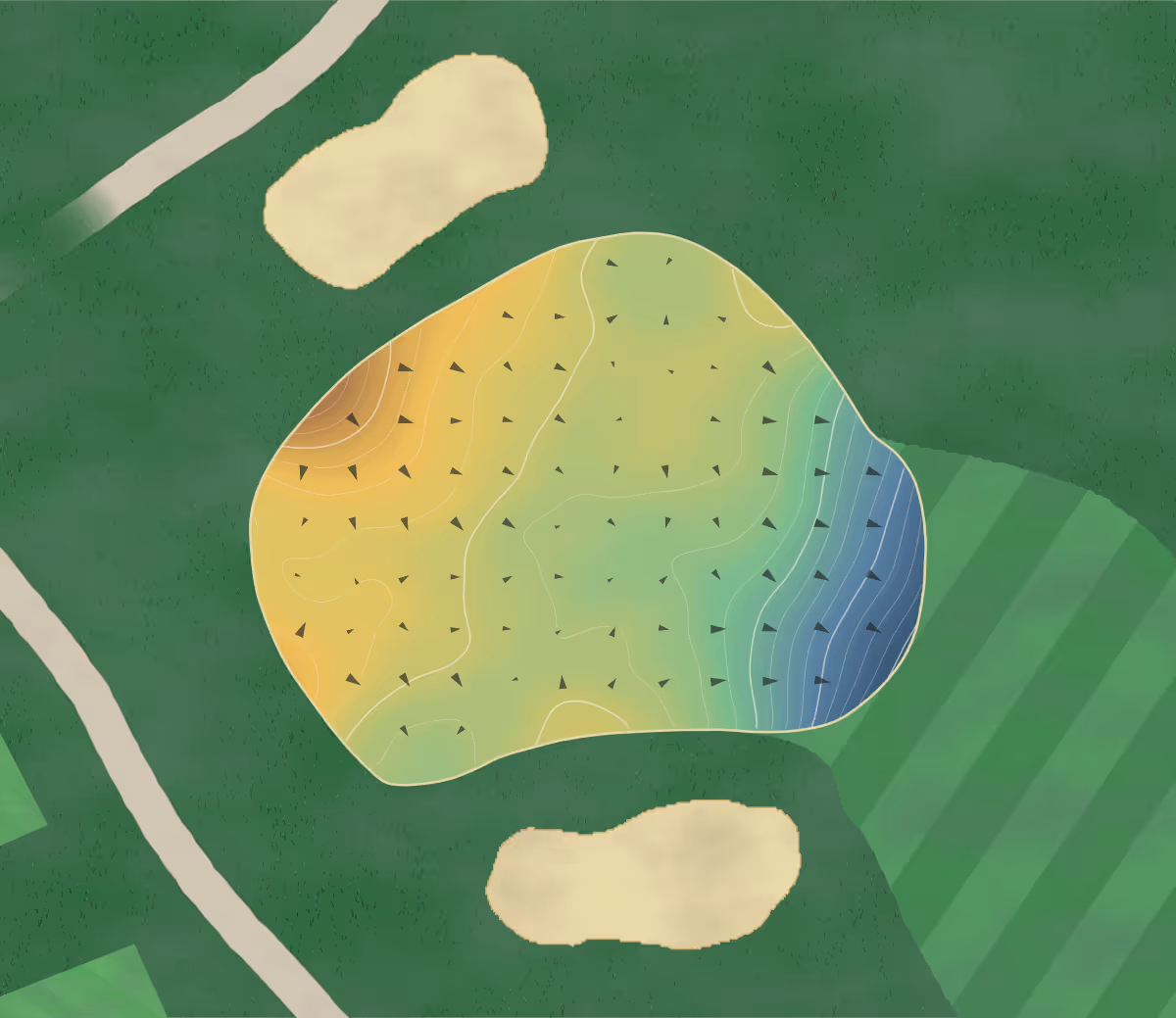 Green contour map of Columbia Cc in Columbia, Missouri — 203 elevation contours at a 3-inch interval with fall-line arrows, traced from 1-meter lidar