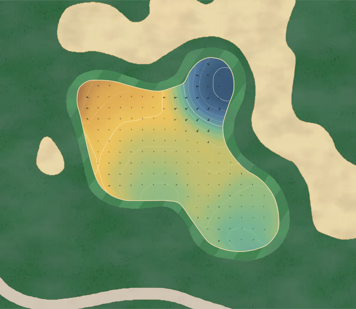 Green contour map of Columbia Point in Richland, Washington — 136 elevation contours at a 3-inch interval with fall-line arrows, traced from 1-meter lidar