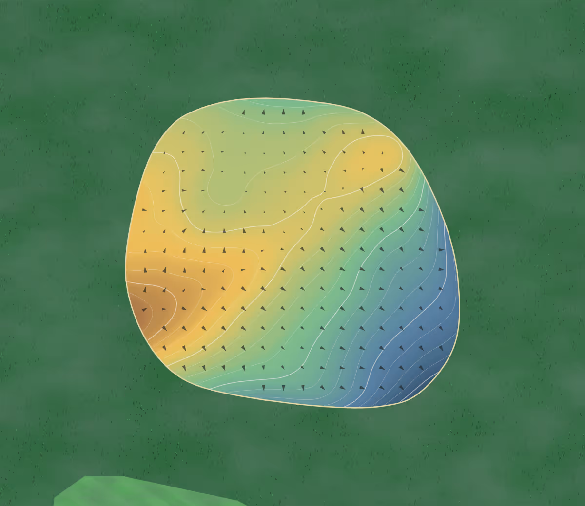 Green contour map of Columbus in Oshawa, Canada — 179 elevation contours at a 8-centimeter interval with fall-line arrows, traced from 1-meter lidar
