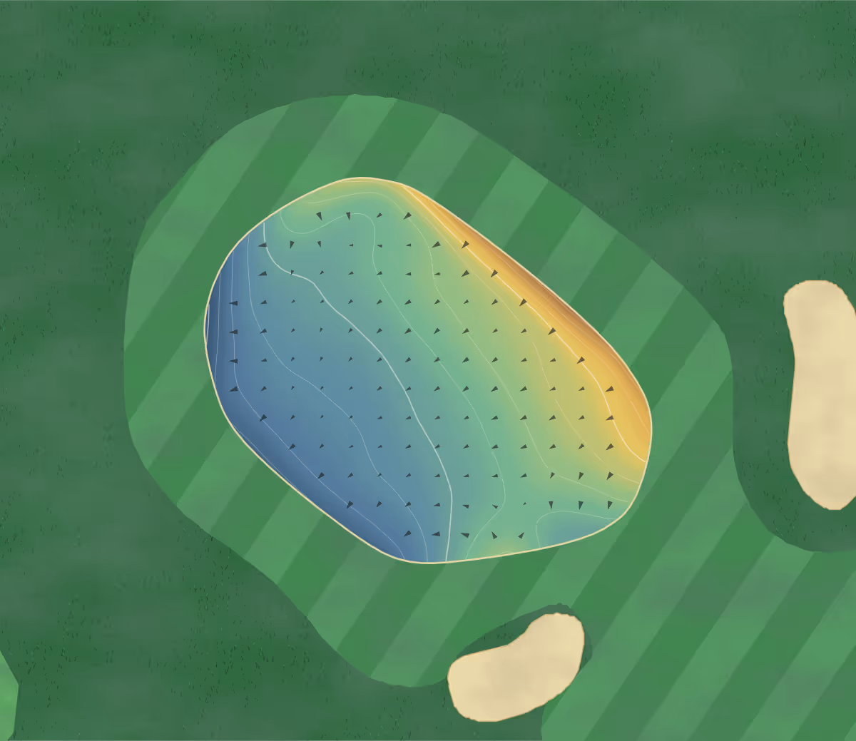 Green contour map of Colville Park in Motherwell, Scotland — 162 elevation contours at a 8-centimeter interval with fall-line arrows, traced from 1-meter lidar