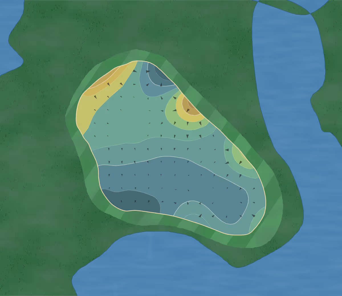 Green contour map of Commonwealth National in Horsham, Pennsylvania — 203 elevation contours at a 3-inch interval with fall-line arrows, traced from 1-meter lidar