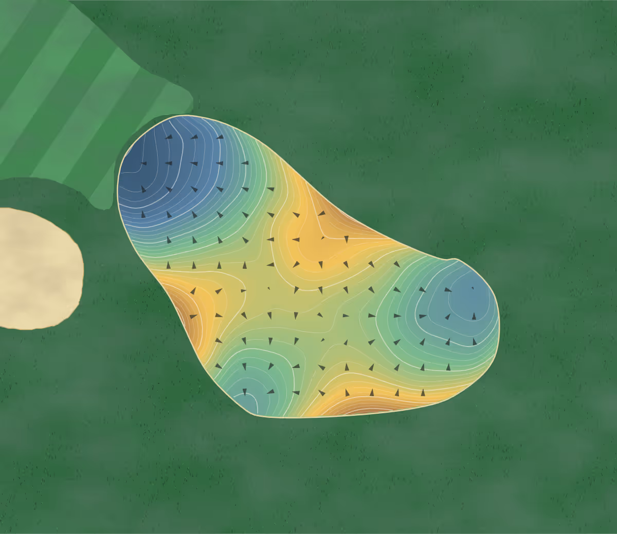 Green contour map of Compass Pointe Golf Courses in Pasadena, Maryland — 624 elevation contours at a 3-inch interval with fall-line arrows, traced from 1-meter lidar