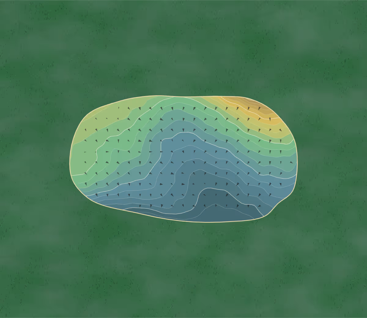 Green contour map of Comrie in Perth, Scotland — 100 elevation contours at a 8-centimeter interval with fall-line arrows, traced from 1-meter lidar