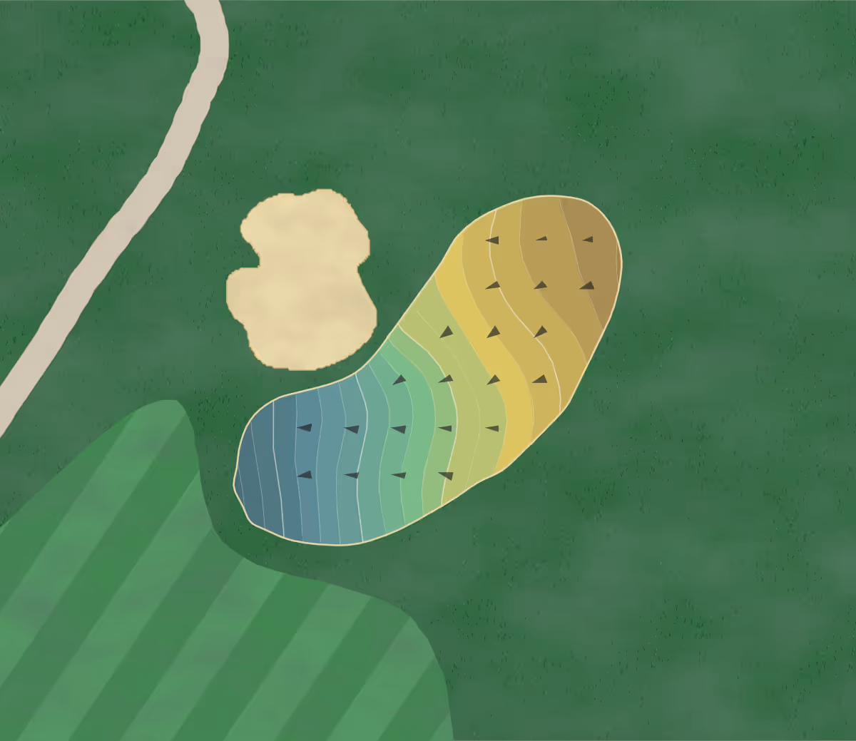Green contour map of Concord Golf Club in Chattanooga, Tennessee — 170 elevation contours at a 3-inch interval with fall-line arrows, traced from 1-meter lidar