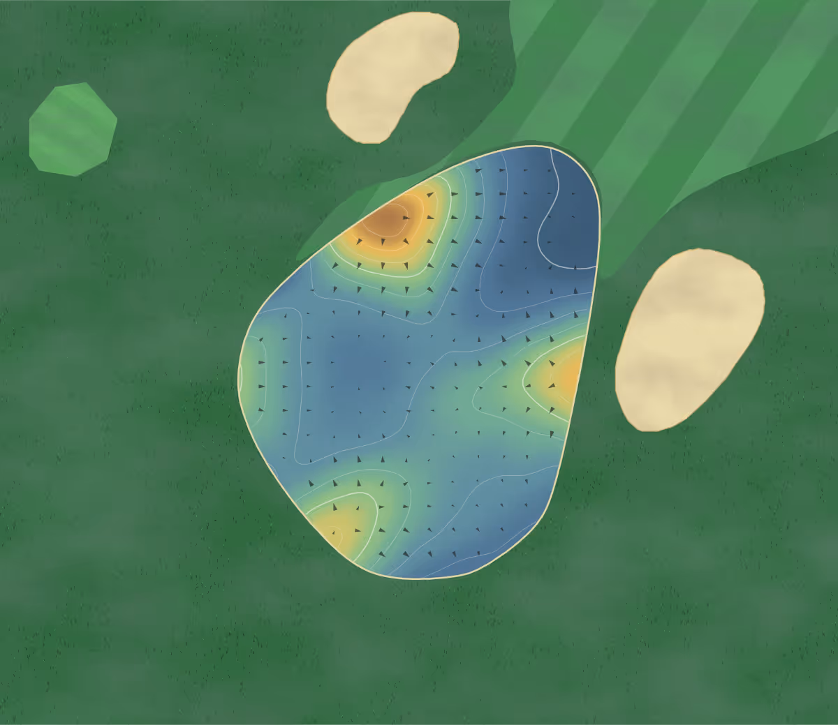 Green contour map of Concra Wood in Castleblayney, Ireland: 8 elevation contours at a 8-centimeter interval with fall-line arrows, traced from 1-meter lidar