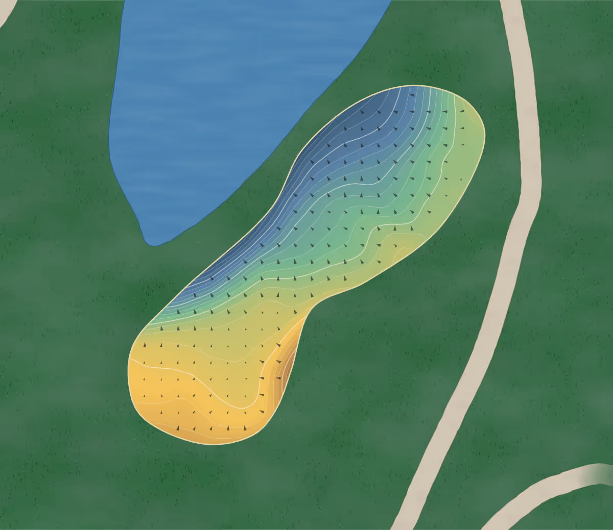 Green contour map of Conestoga in Conestogo, Canada — 118 elevation contours at a 8-centimeter interval with fall-line arrows, traced from 1-meter lidar