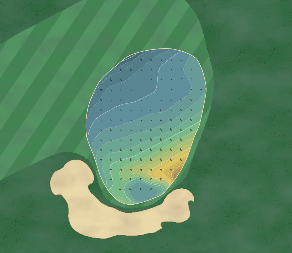 Green contour map of Conway Farms in Lake Forest, Illinois — 110 elevation contours at a 3-inch interval with fall-line arrows, traced from 1-meter lidar