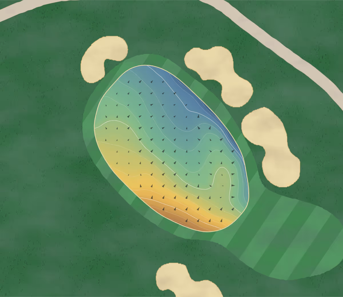 Green contour map of Coombe Wood in Kingston-upon-Thames, England — 74 elevation contours at a 8-centimeter interval with fall-line arrows, traced from 1-meter lidar