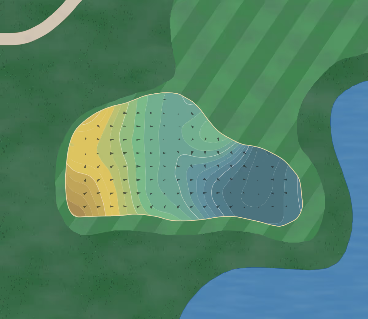 Green contour map of Copper Hills in Oxford, Michigan — 145 elevation contours at a 3-inch interval with fall-line arrows, traced from 1-meter lidar