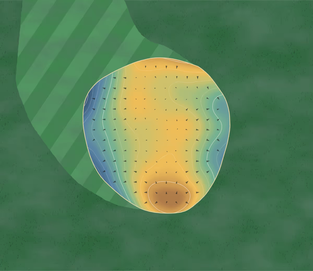 Green contour map of Copper Point in Invermere, Canada — 10 elevation contours at a 8-centimeter interval with fall-line arrows, traced from 1-meter lidar