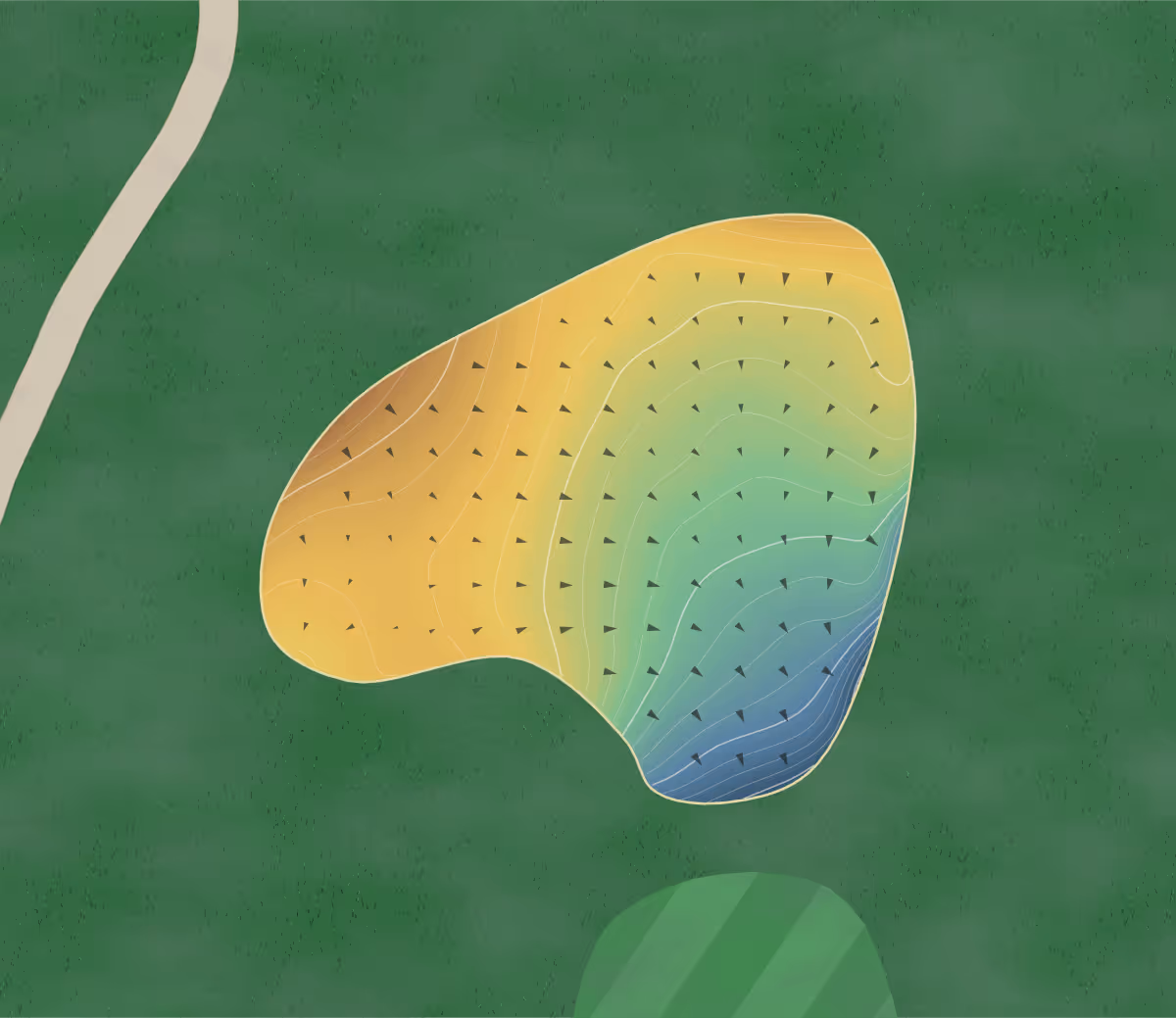 Green contour map of Coppinwood in Goodwood, Canada — 252 elevation contours at a 8-centimeter interval with fall-line arrows, traced from 1-meter lidar