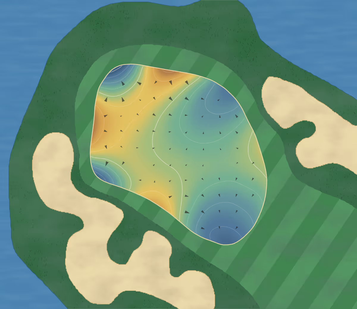 Green contour map of Coral Creek Club in Placida, Florida — 175 elevation contours at a 3-inch interval with fall-line arrows, traced from 1-meter lidar