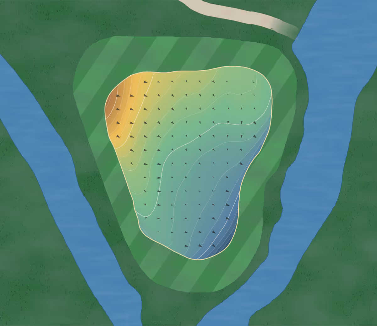 Green contour map of Coral Creek Golf in Fisherville, Canada — 174 elevation contours at a 8-centimeter interval with fall-line arrows, traced from 1-meter lidar