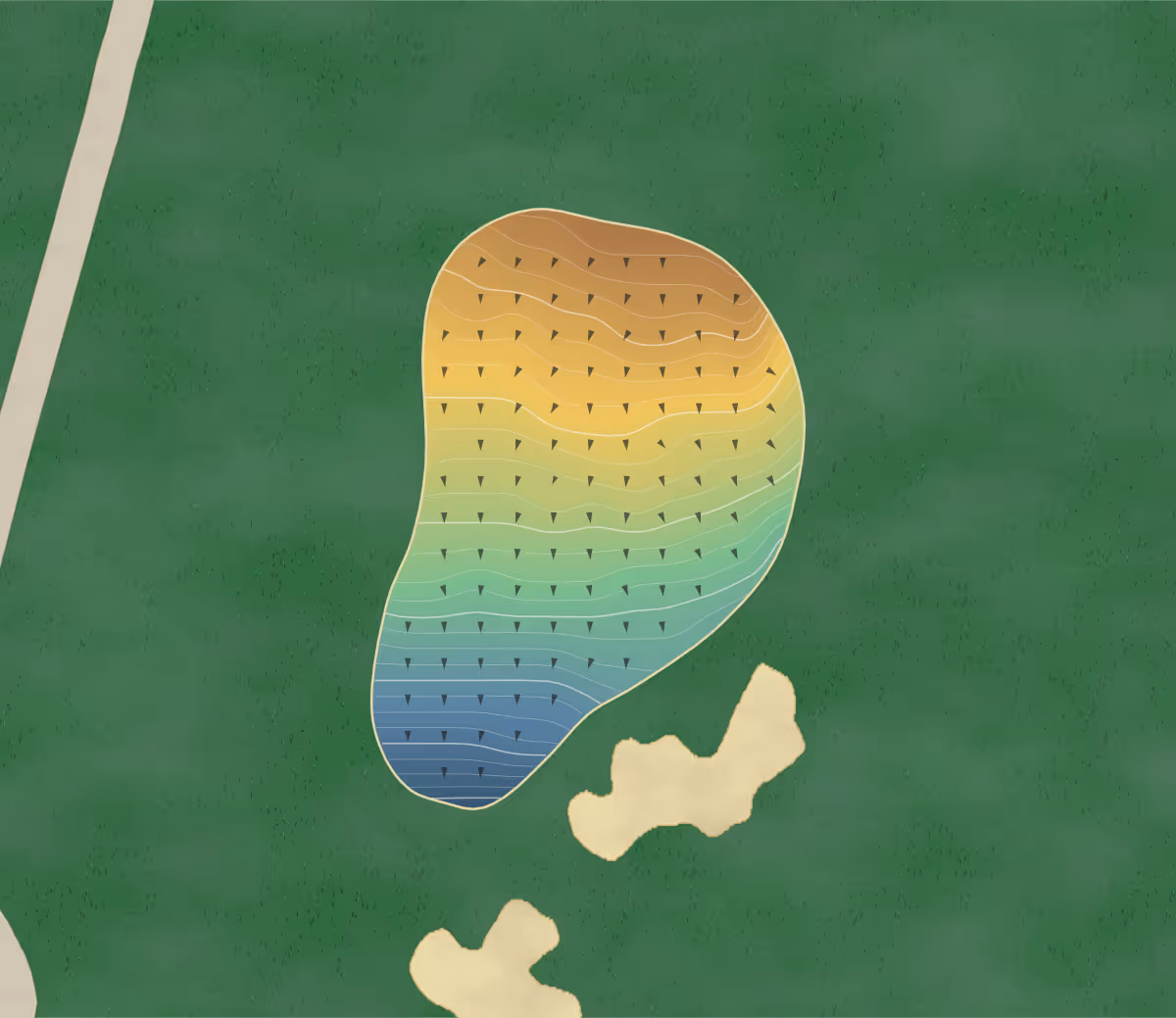 Green contour map of Cork Golf Club in Little Island, Ireland: 213 elevation contours at a 8-centimeter interval with fall-line arrows, traced from 1-meter lidar