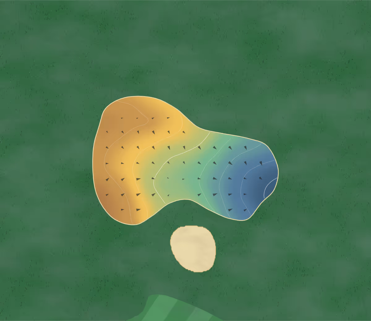 Green contour map of Corrie in Isle of Arran, Scotland: 7 elevation contours at a 8-centimeter interval with fall-line arrows, traced from 1-meter lidar