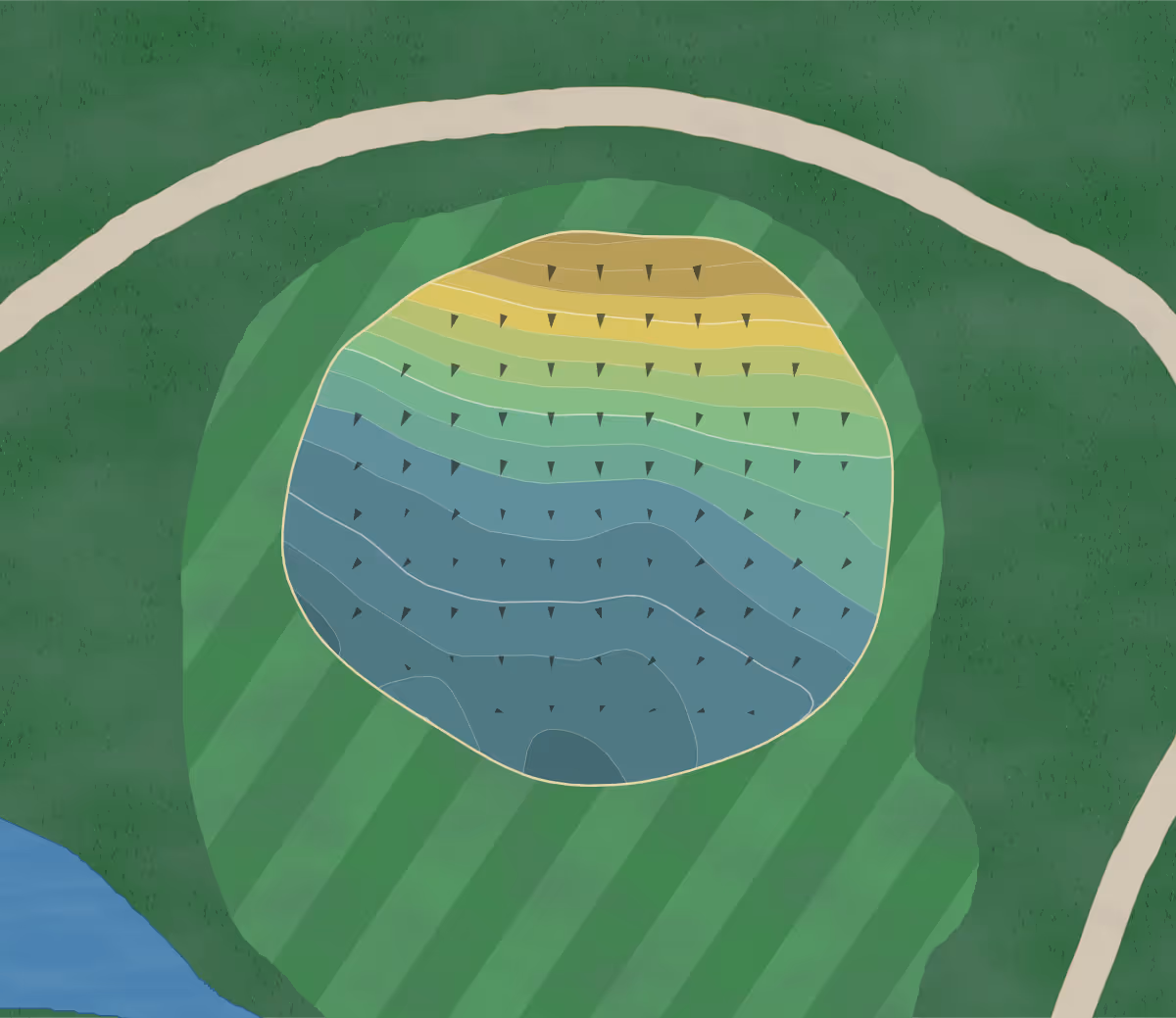 Green contour map of Cortland CC in Cortland, New York — 138 elevation contours at a 3-inch interval with fall-line arrows, traced from 1-meter lidar