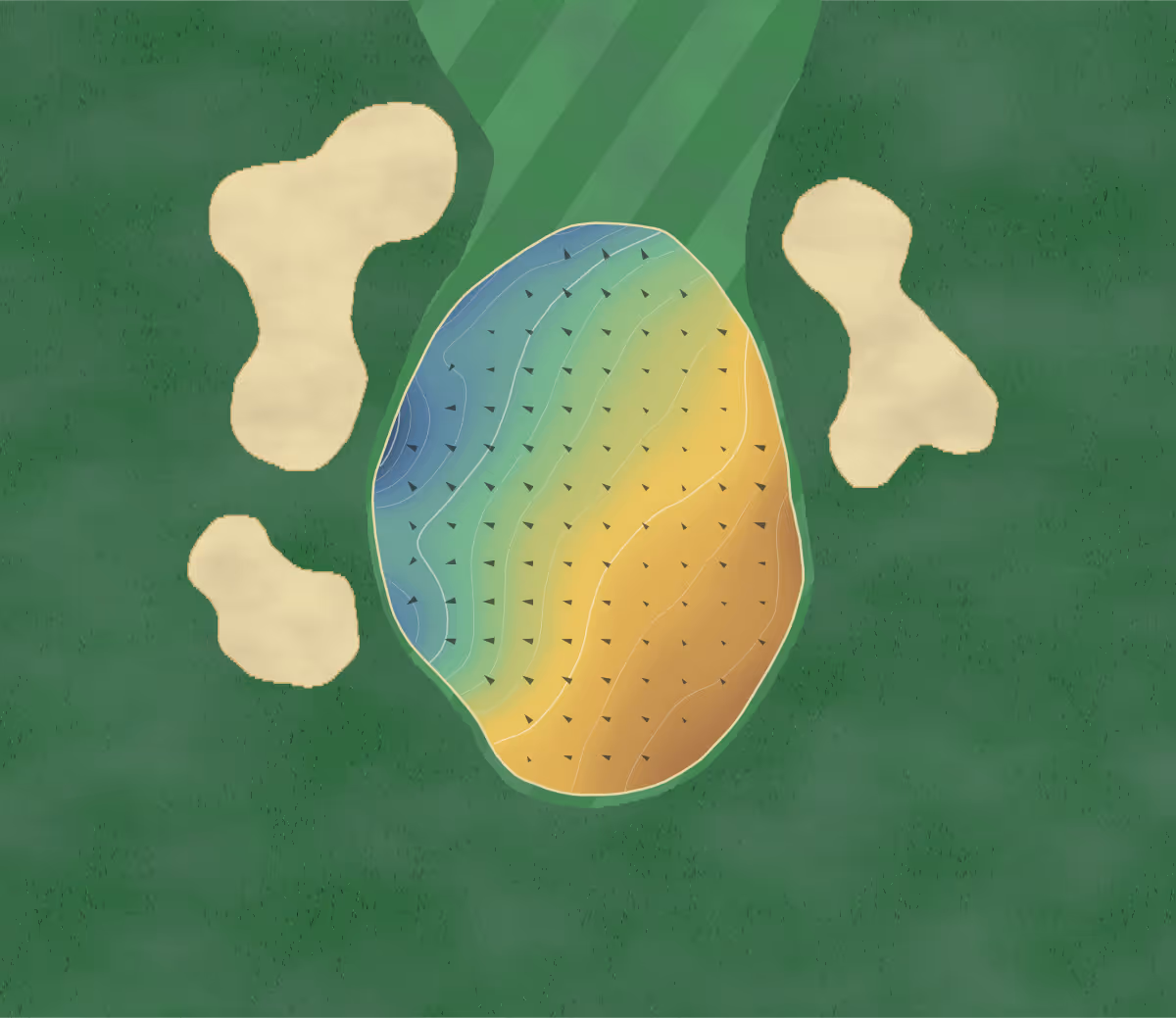 Green contour map of Cosby Golf Club in Leicestershire, England: 16 elevation contours at a 8-centimeter interval with fall-line arrows, traced from 1-meter lidar