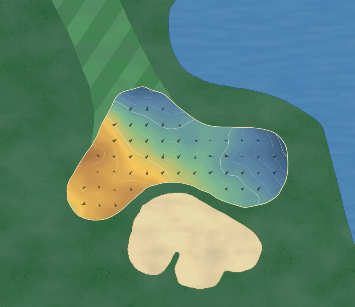 Green contour map of Cottonwood Creek in Waco, Texas — 217 elevation contours at a 3-inch interval with fall-line arrows, traced from 1-meter lidar