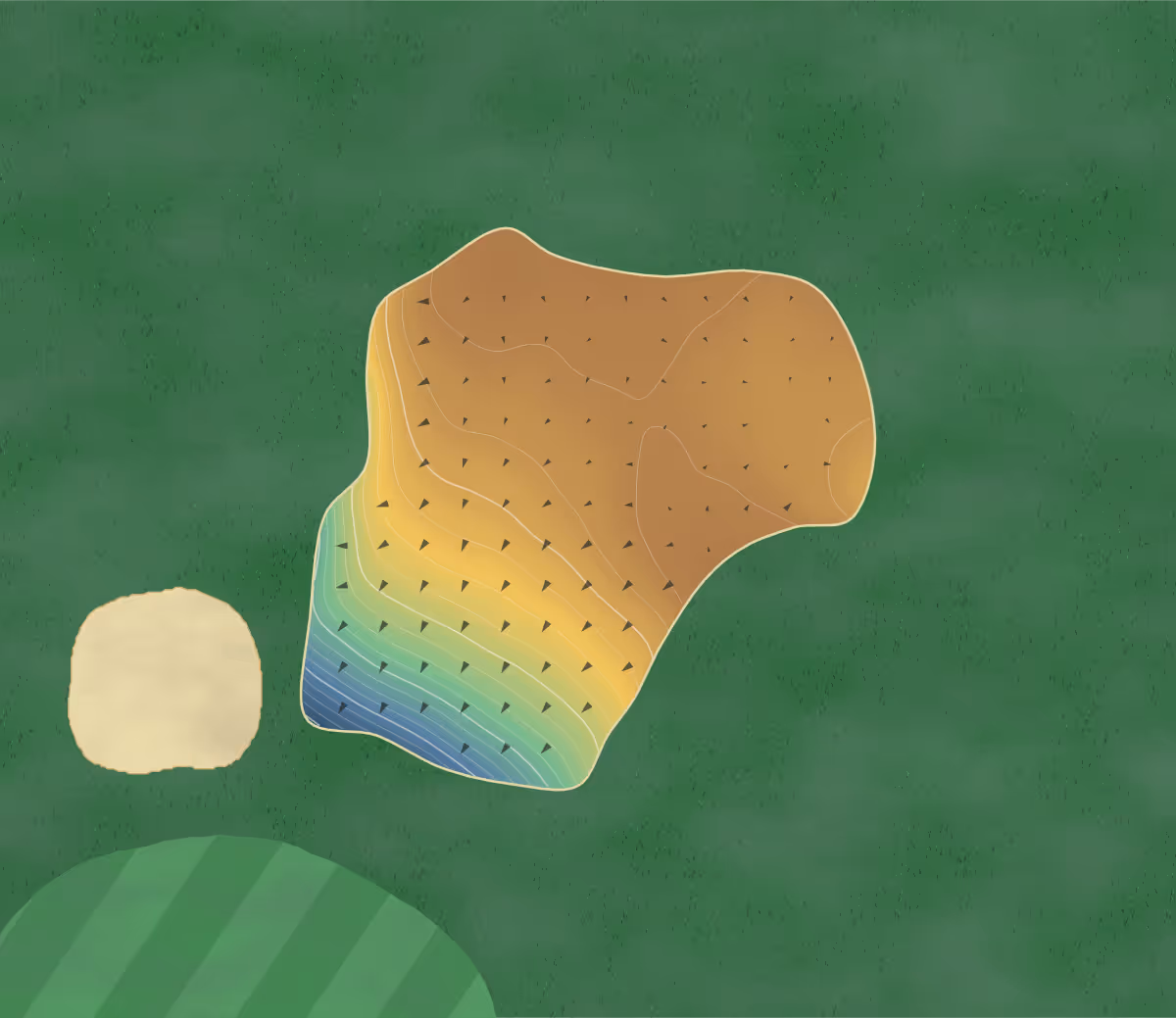 Green contour map of Cottrell Park in St Nicholas, Wales — 209 elevation contours at a 8-centimeter interval with fall-line arrows, traced from 1-meter lidar