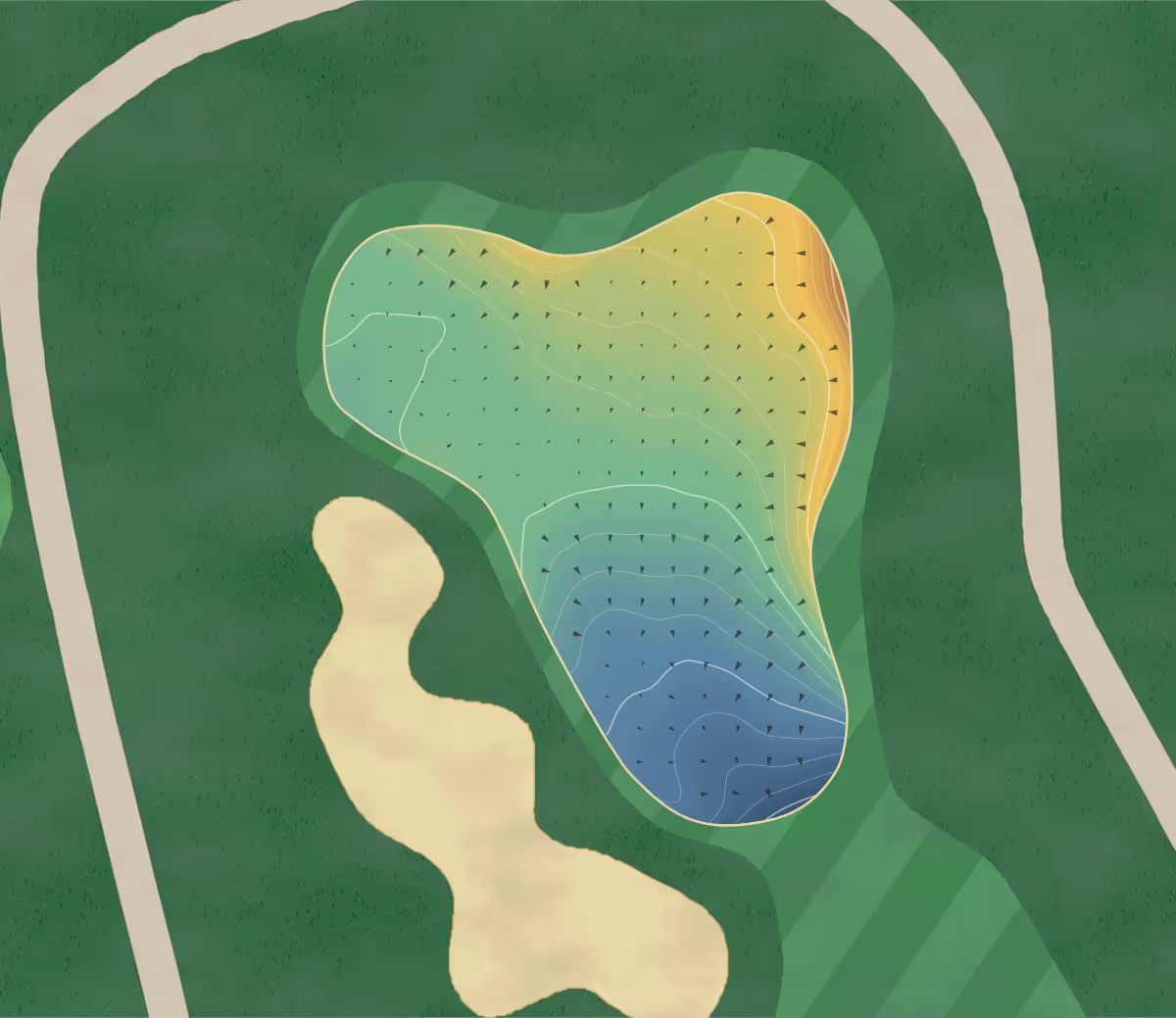 Green contour map of Cougar Creek in Edmonton, Canada — 182 elevation contours at a 8-centimeter interval with fall-line arrows, traced from 1-meter lidar