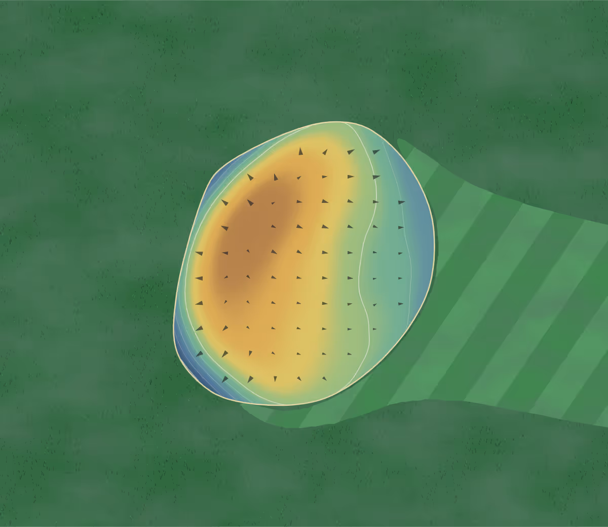 Green contour map of Country Greens in Armstrong, Iowa: 44 elevation contours at a 3-inch interval with fall-line arrows, traced from 1-meter lidar