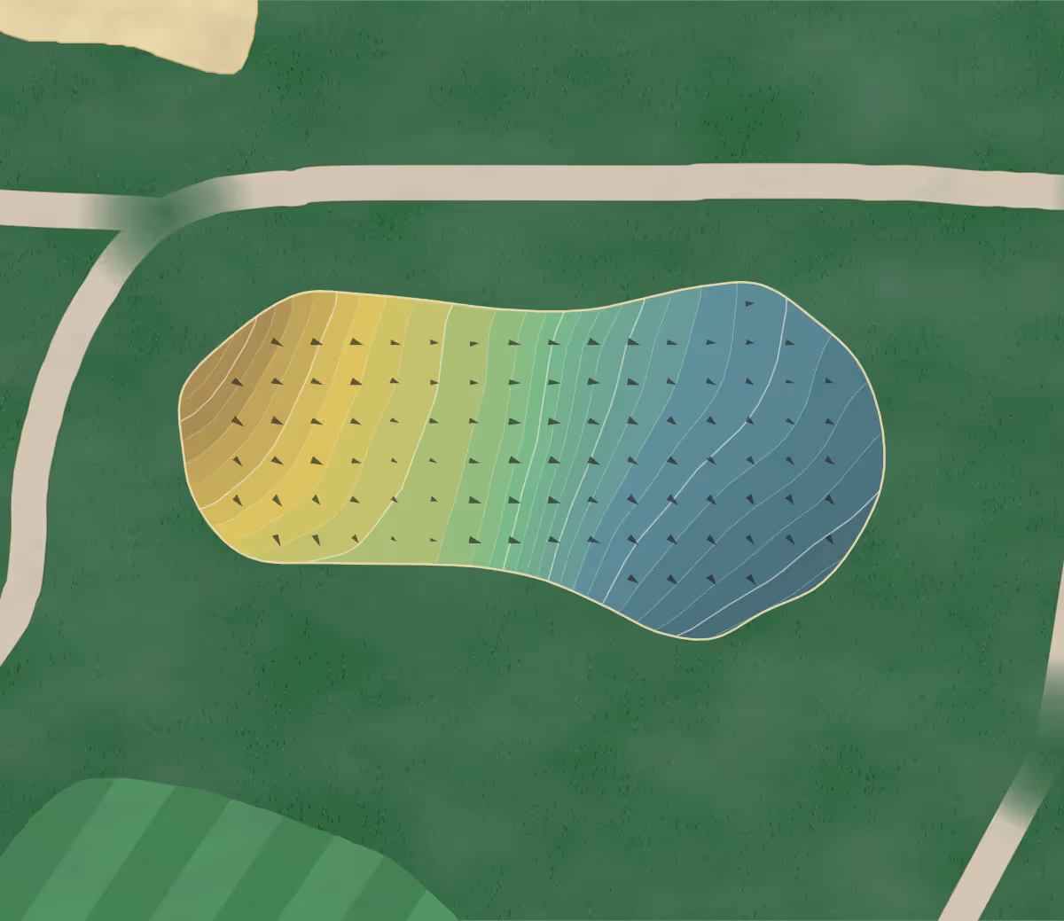 Green contour map of Country Hills in Hendersonville, Tennessee — 303 elevation contours at a 3-inch interval with fall-line arrows, traced from 1-meter lidar
