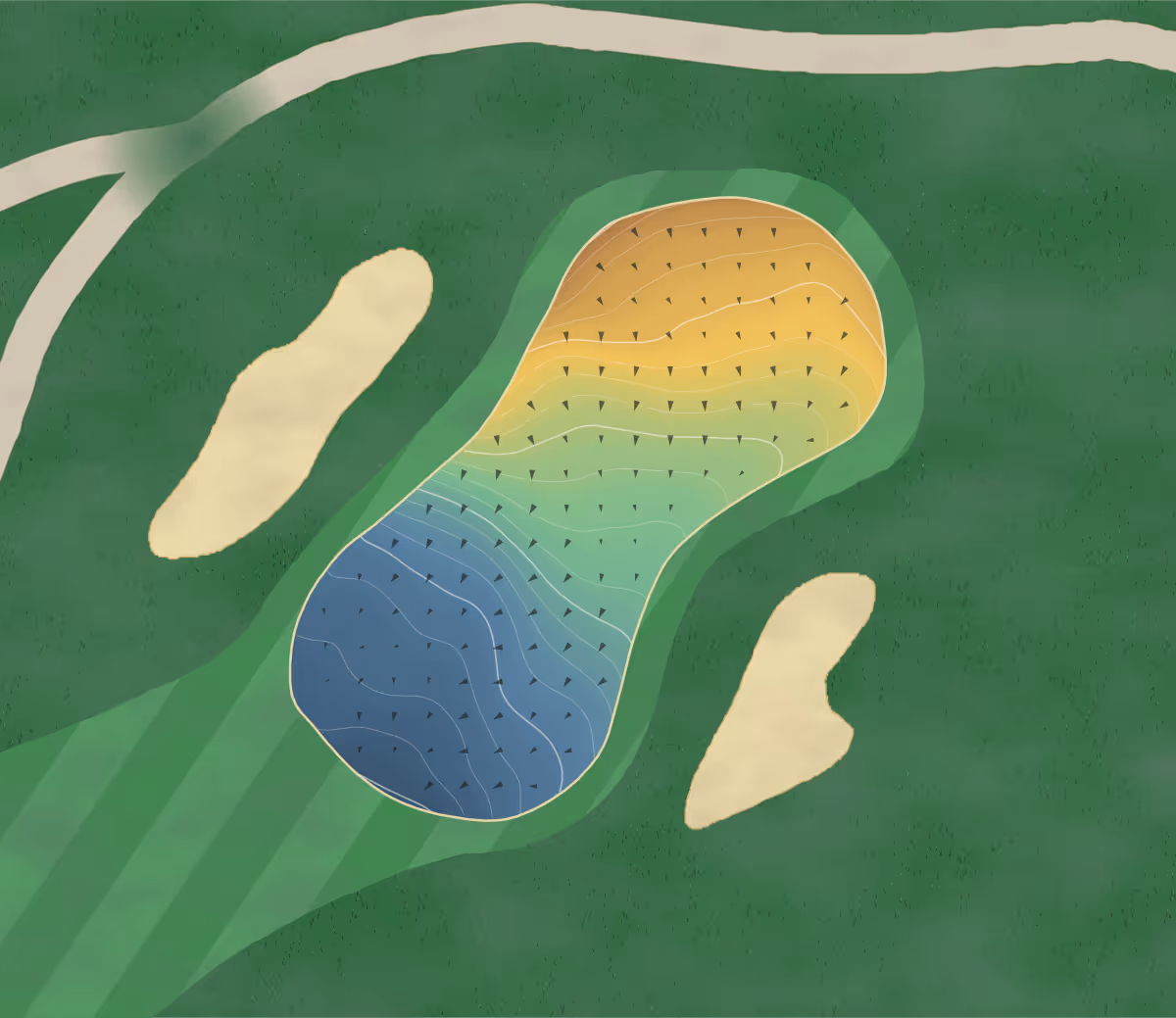 Green contour map of Country Hills in Calgary, Canada: 207 elevation contours at a 8-centimeter interval with fall-line arrows, traced from 1-meter lidar