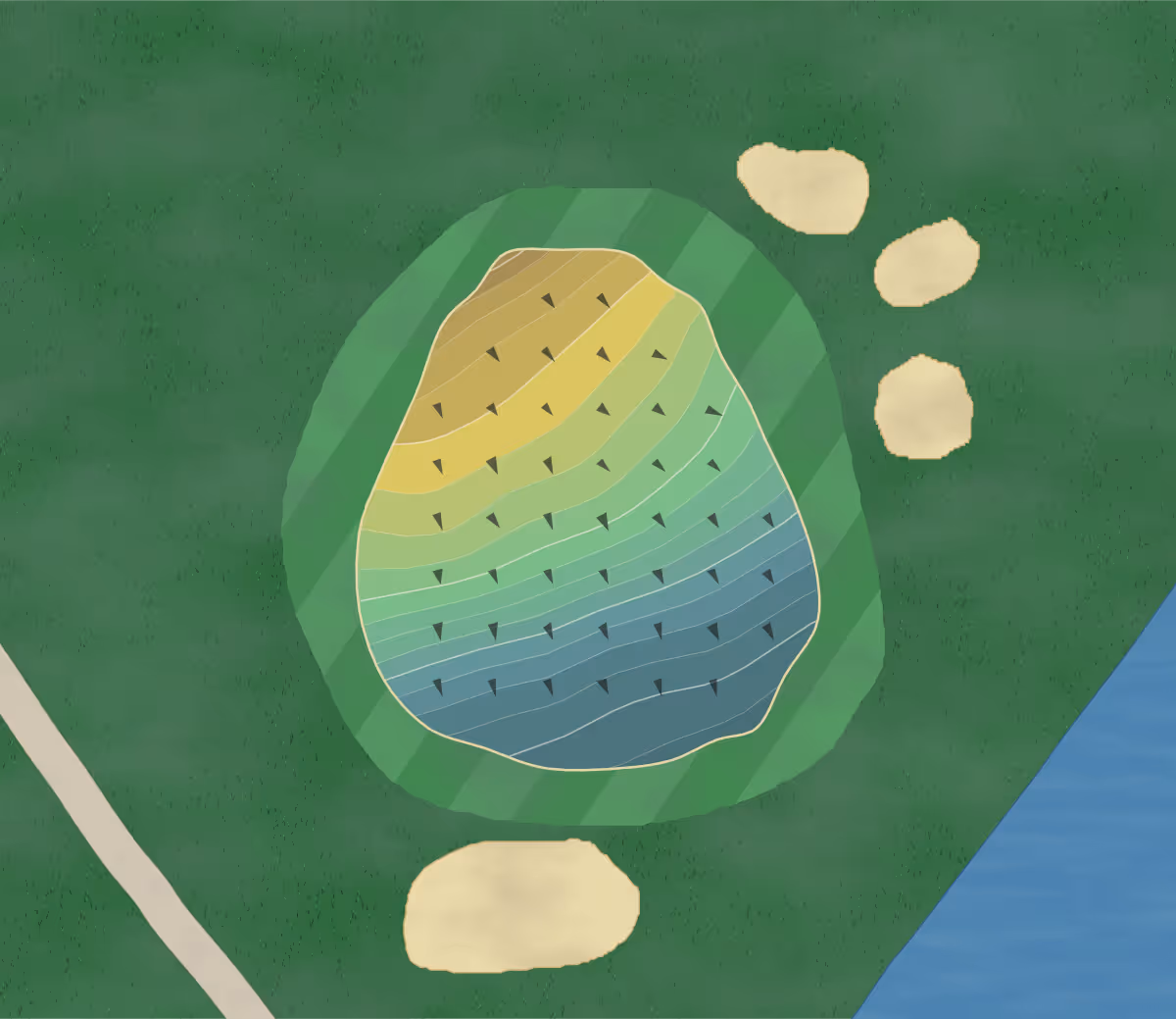 Green contour map of Country Hills Golf Course in Greenview, Illinois — 148 elevation contours at a 3-inch interval with fall-line arrows, traced from 1-meter lidar