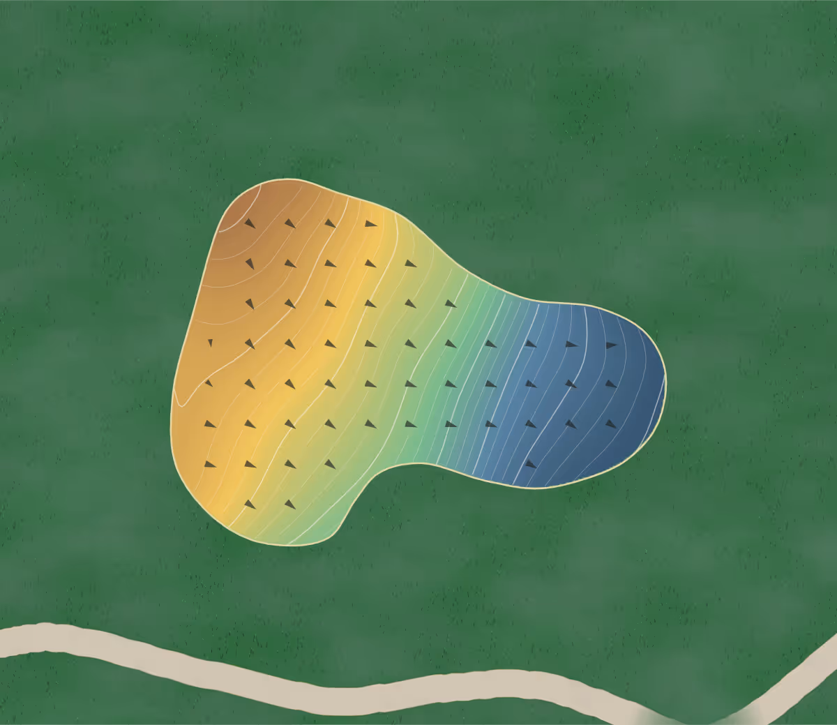 Green contour map of Countryland in Yantis, Georgia — 190 elevation contours at a 3-inch interval with fall-line arrows, traced from 1-meter lidar