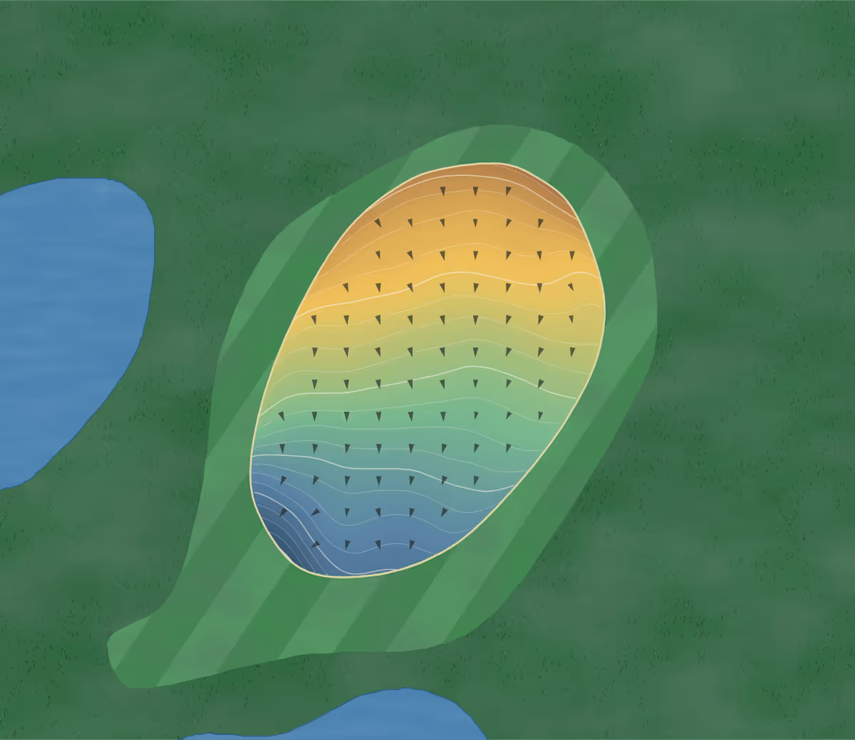 Green contour map of Country Meadows in Indian Mountain, Canada: 193 elevation contours at a 8-centimeter interval with fall-line arrows, traced from 1-meter lidar