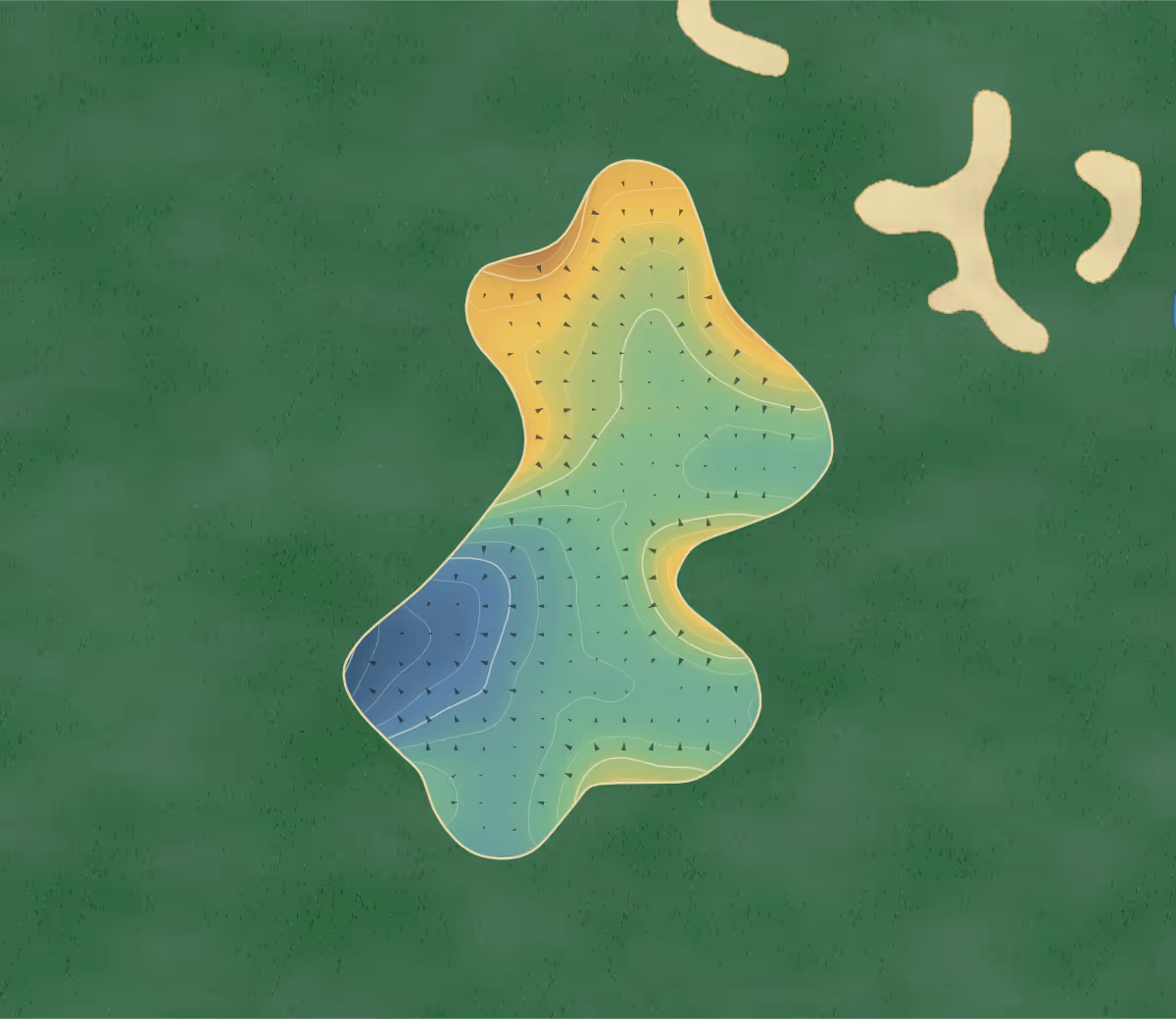 Green contour map of Country Meadows in Langley, Canada — 147 elevation contours at a 8-centimeter interval with fall-line arrows, traced from 1-meter lidar