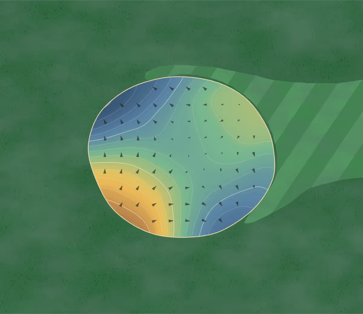 Green contour map of Meadows Golf in Fremont, Indiana: 182 elevation contours at a 3-inch interval with fall-line arrows, traced from 1-meter lidar