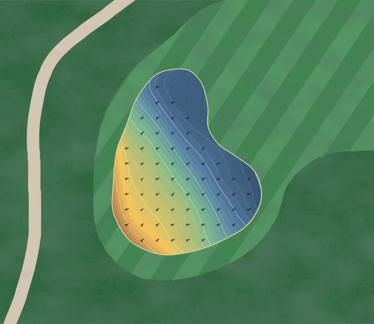 Green contour map of Country Oaks in Montgomery, Indiana — 242 elevation contours at a 3-inch interval with fall-line arrows, traced from 1-meter lidar