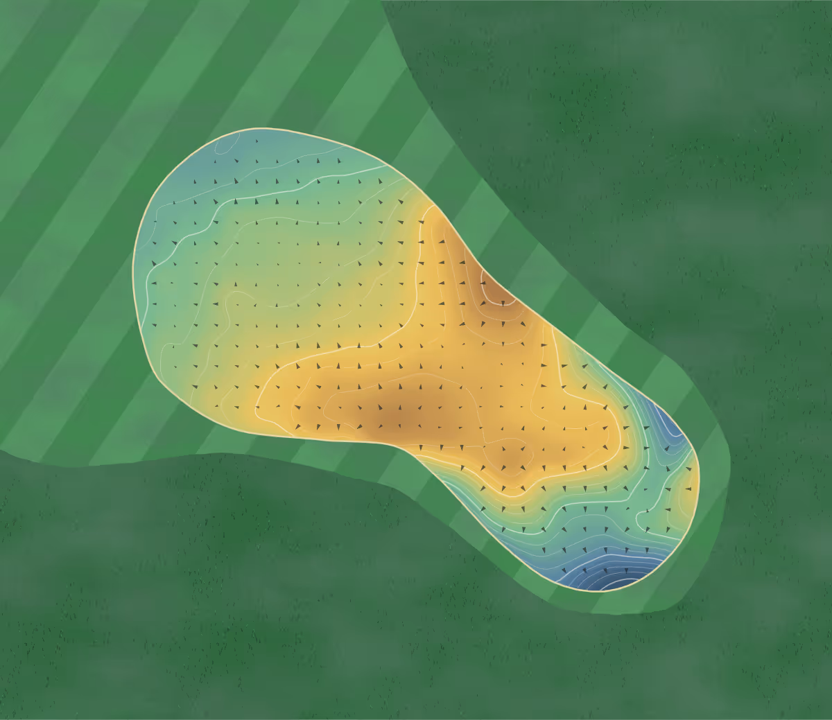 Green contour map of County Sligo in Co. Sligo, Ireland: 150 elevation contours at a 8-centimeter interval with fall-line arrows, traced from 1-meter lidar
