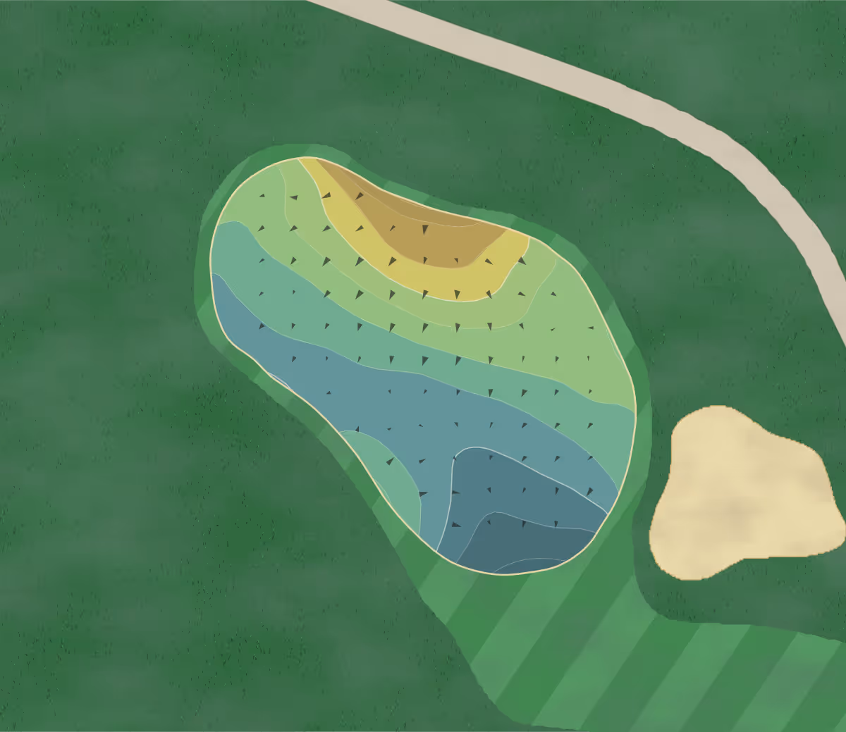 Green contour map of Course Tree in Tewksbury, Massachusetts — 63 elevation contours at a 3-inch interval with fall-line arrows, traced from 1-meter lidar