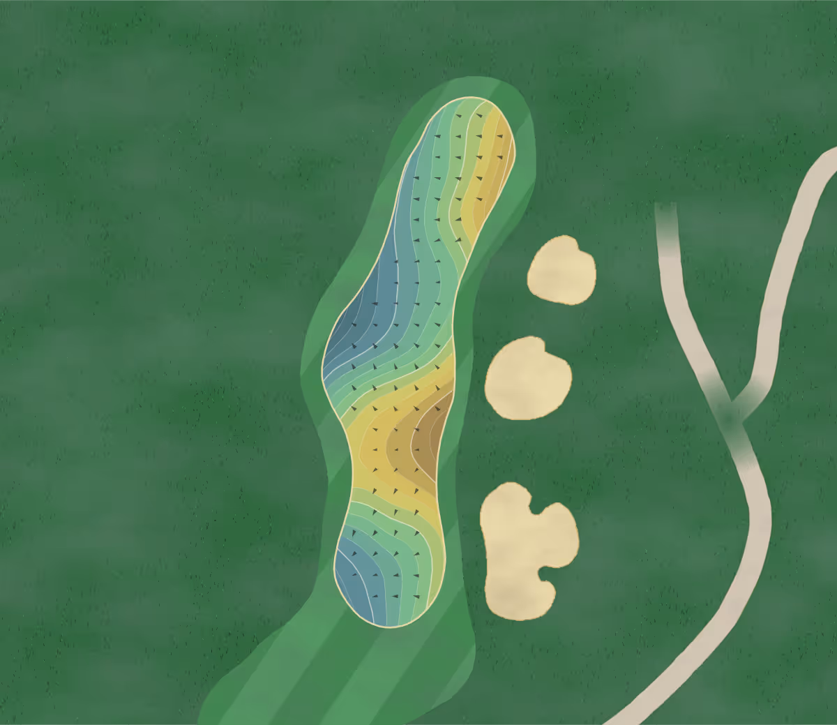 Green contour map of Cowboys Golf Club in Grapevine, Texas — 254 elevation contours at a 3-inch interval with fall-line arrows, traced from 1-meter lidar