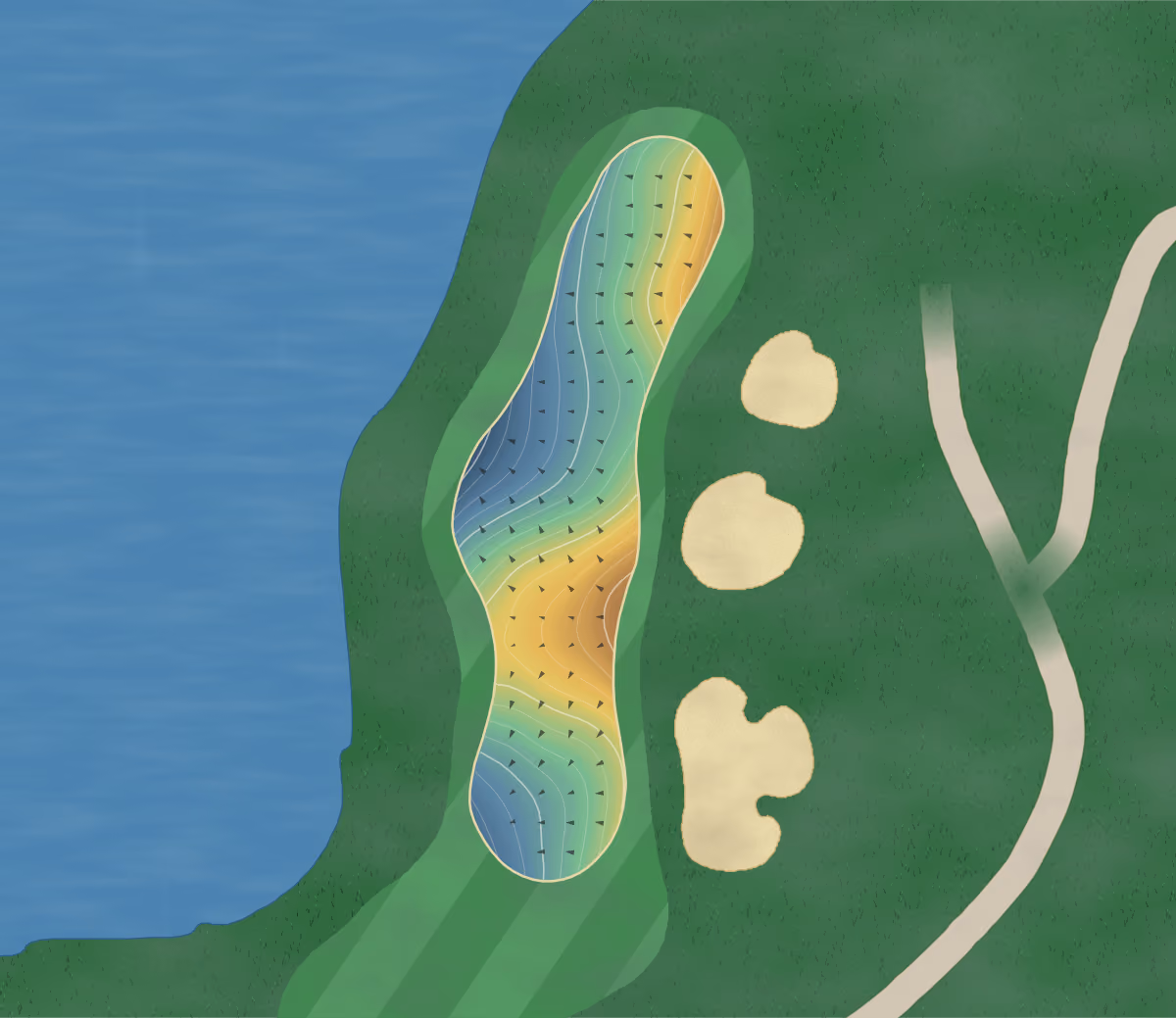 Green contour map of Cowboys GC in Grapevine, Texas: 221 elevation contours at a 3-inch interval with fall-line arrows, traced from 1-meter lidar