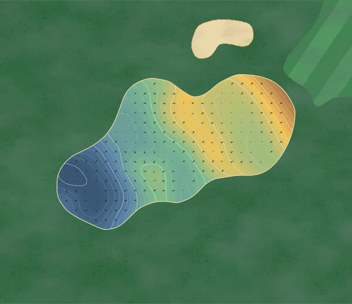 Green contour map of Cowdray Park in Midhurst, England: 276 elevation contours at a 8-centimeter interval with fall-line arrows, traced from 1-meter lidar