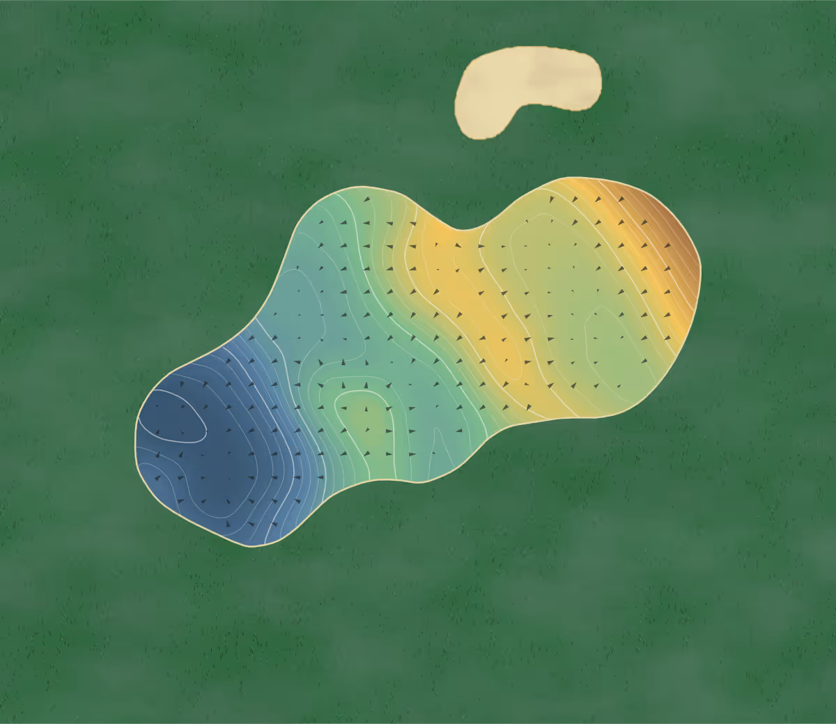 Green contour map of Cowdray Park in Midhurst, England — 258 elevation contours at a 8-centimeter interval with fall-line arrows, traced from 1-meter lidar