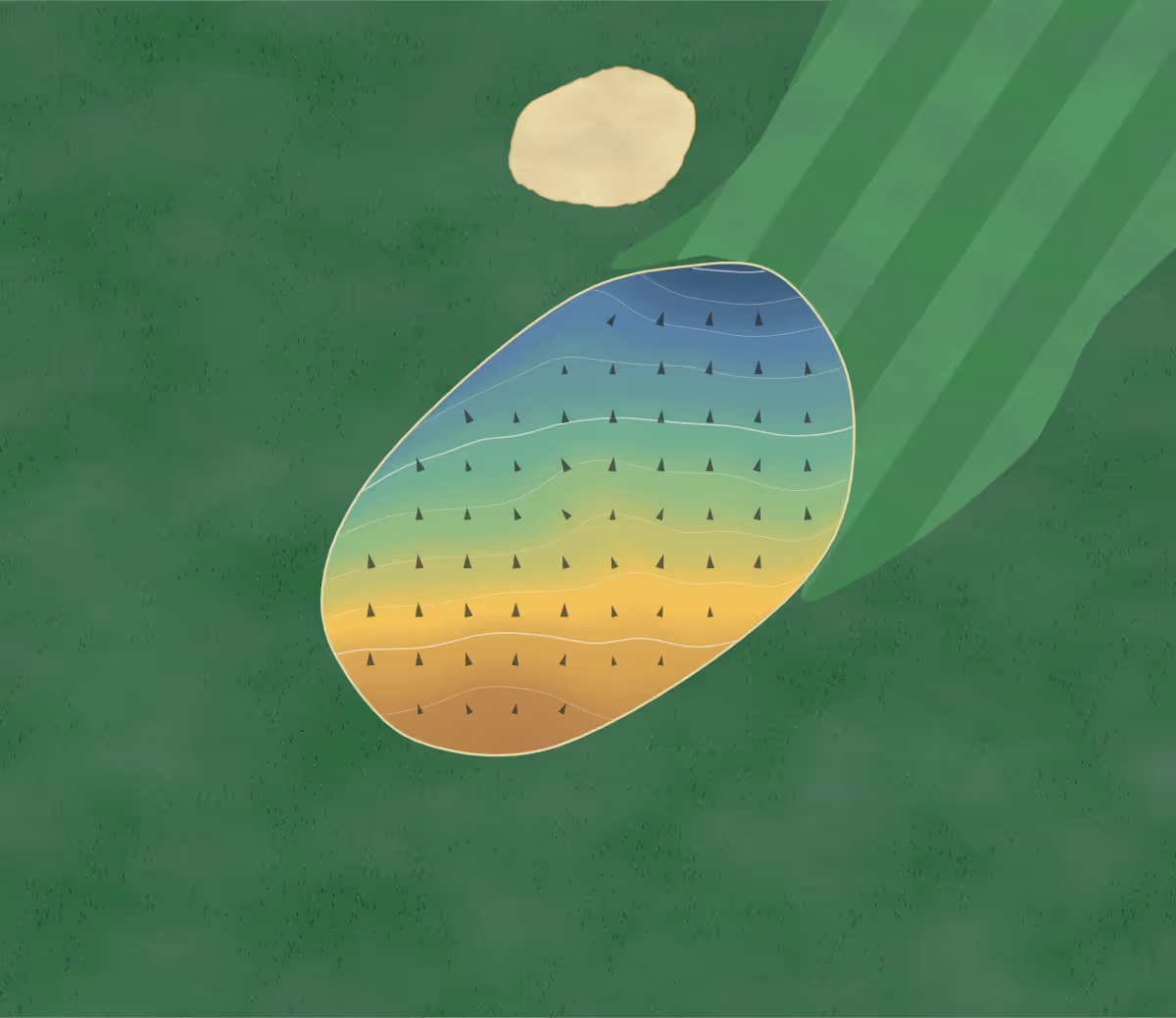 Green contour map of Cowes Golf Club in Cowes, England: 36 elevation contours at a 8-centimeter interval with fall-line arrows, traced from 1-meter lidar